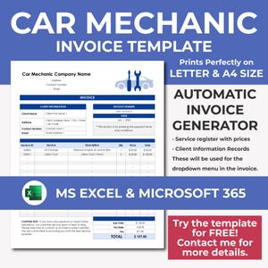 Può includere: Un modello di fattura stampabile blu e bianco per meccanici di auto. Il modello include una sezione per le informazioni del cliente, i dettagli del servizio e il costo totale. Il testo "MS Excel & Microsoft 365" è visualizzato in verde.