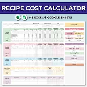 Rezeptkostenrechner Kalkulationstabellenvorlage. Excel Google Sheets. Rezepturkosten-Vorlage. Kochen & Backen Zutaten Kosten Rechner.