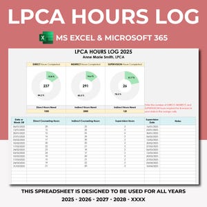 May include: A spreadsheet for tracking LPCA hours with a title "LPCA Hours Log 2025" and the name "Anne Marie Smith, LPCA". The spreadsheet includes three pie charts showing the percentage of direct, indirect, and supervision hours completed. The spreadsheet also includes a table with columns for date, direct counseling hours, indirect counseling hours, supervision hours, supervision date, and notes.