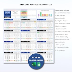 Employee Leave & Attendance Tracker Excel | PTO, Time Off, Vacation, Monthly and Yearly Template | Absence, Time Tracker Spreadsheet