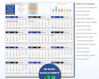 Employee Leave & Attendance Tracker Excel | PTO, Time Off, Vacation, Monthly and Yearly Template | Absence, Time Tracker Spreadsheet