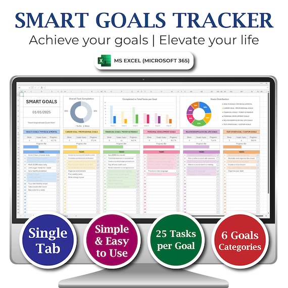 Goal Tracking Spreadsheet | Excel Goal Planner | Task Management Template | Personal Goals Tracker | Productivity Worksheet | Simple Planner