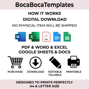 May include: Digital download graphic showing how to purchase, download, edit, and print printable templates in PDF, Word, Excel, Google Sheets, and Google Docs formats. The graphic includes icons for each file type and a shopping cart, download arrow, pencil, and printer. The text "Designed to print perfectly A4 & Letter size" is at the bottom of the graphic.