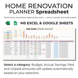 Home Renovation Cost Planner Spreadsheet Template, Home Improvement Budget Spreadsheet, Excel & Google Sheets, Vacation Home Expense Tracker