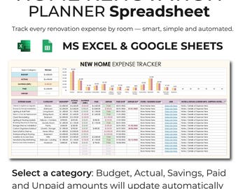 May include: A spreadsheet template for tracking home renovation expenses. The spreadsheet is labeled "New Home Expense Tracker" and includes columns for budget, actual, savings, paid, unpaid, store, business name, link, and notes. The spreadsheet is designed for use with Microsoft Excel and Google Sheets.