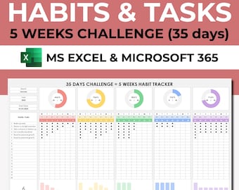 Może przedstawiać: Cyfrowy tracker nawyków z tekstem "ULTIMATE & EASY TO USE HABITS & TASKS 5 WEEKS CHALLENGE (35 days)". Tracker jest przeznaczony dla MS Excel i Microsoft 365, z układem wyzwań na 35 dni.