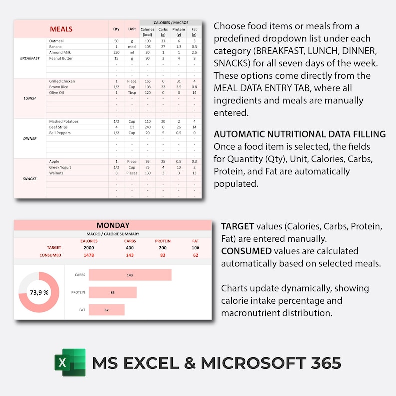 Macro Meal Planner | Calorie Tracker | Macro Meal Prep | Weekly Meal Planner Spreadsheet | Calorie Counter | Macro Tracker | Excel Template
