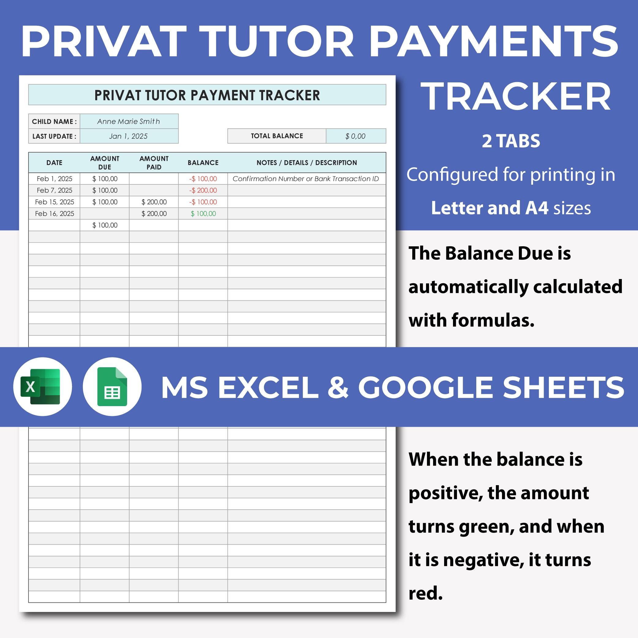Tutor Tracker Privat Tutor Payment Tracker | Privat Tutor Payment Log Template ...