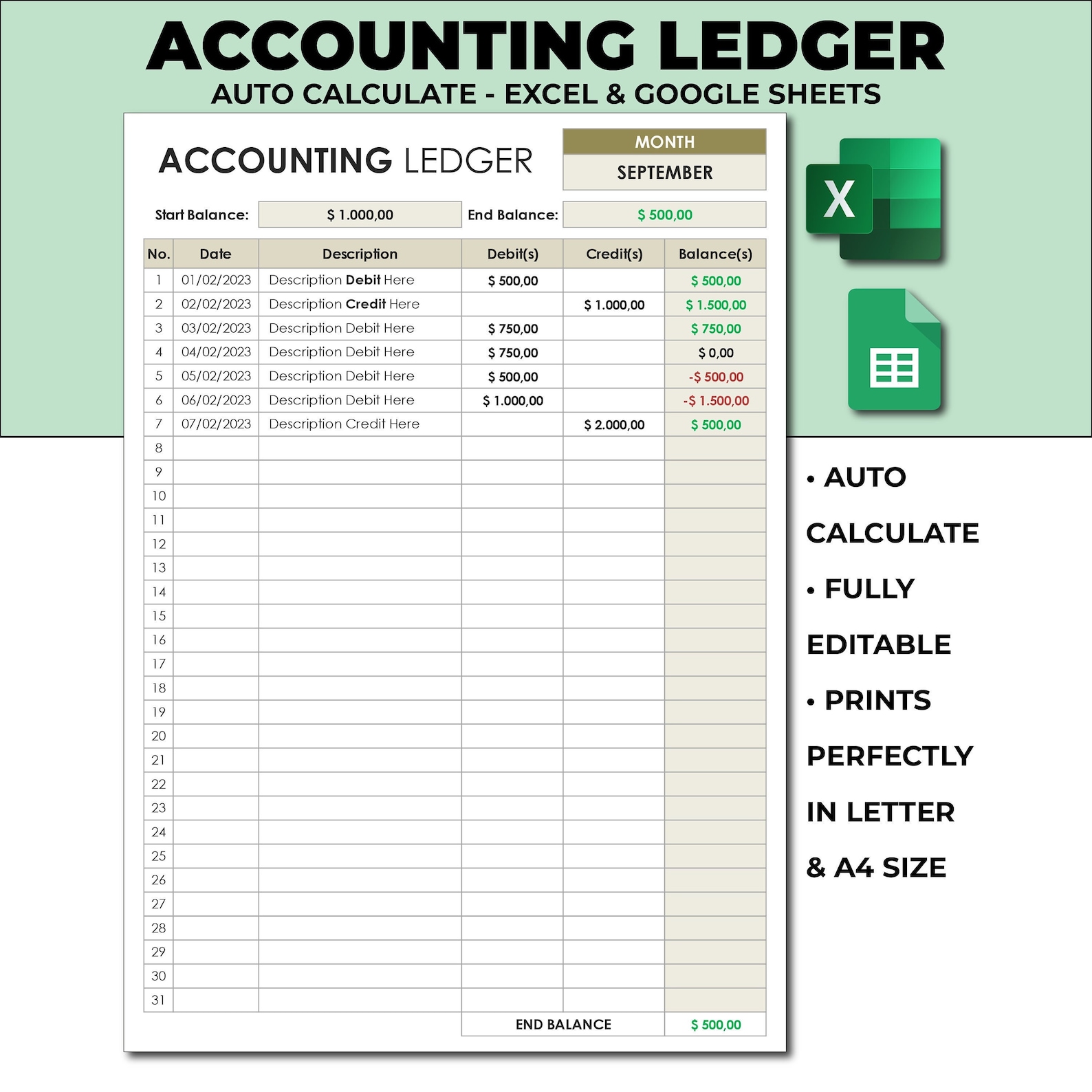 EXCEL Spreadsheet Template: Printable Accounting Expense Tracker