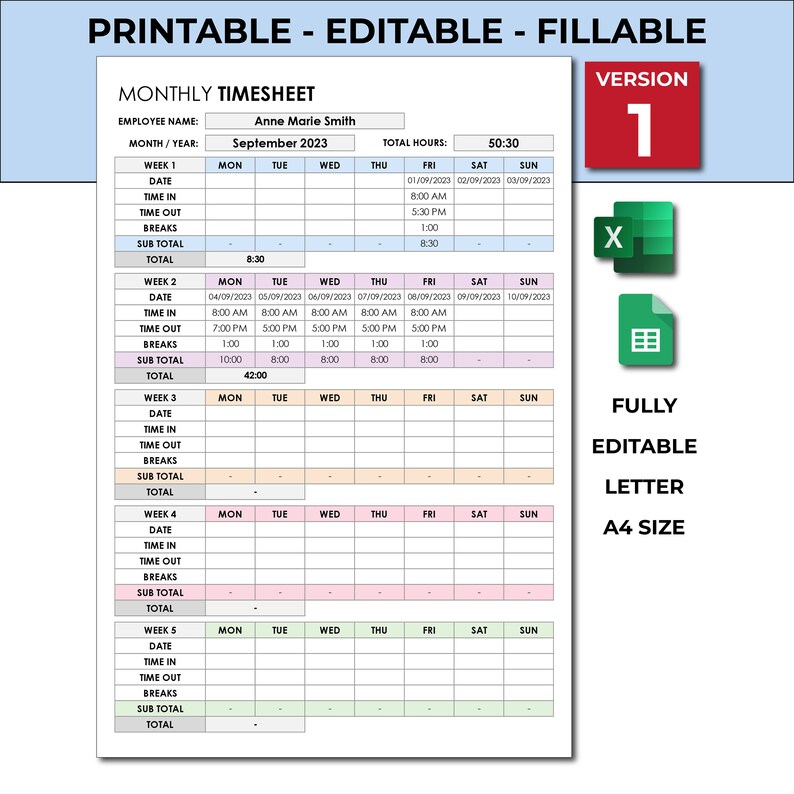 Printable Employee Time Sheet Weekly Time Tracker Spreadsheet Template