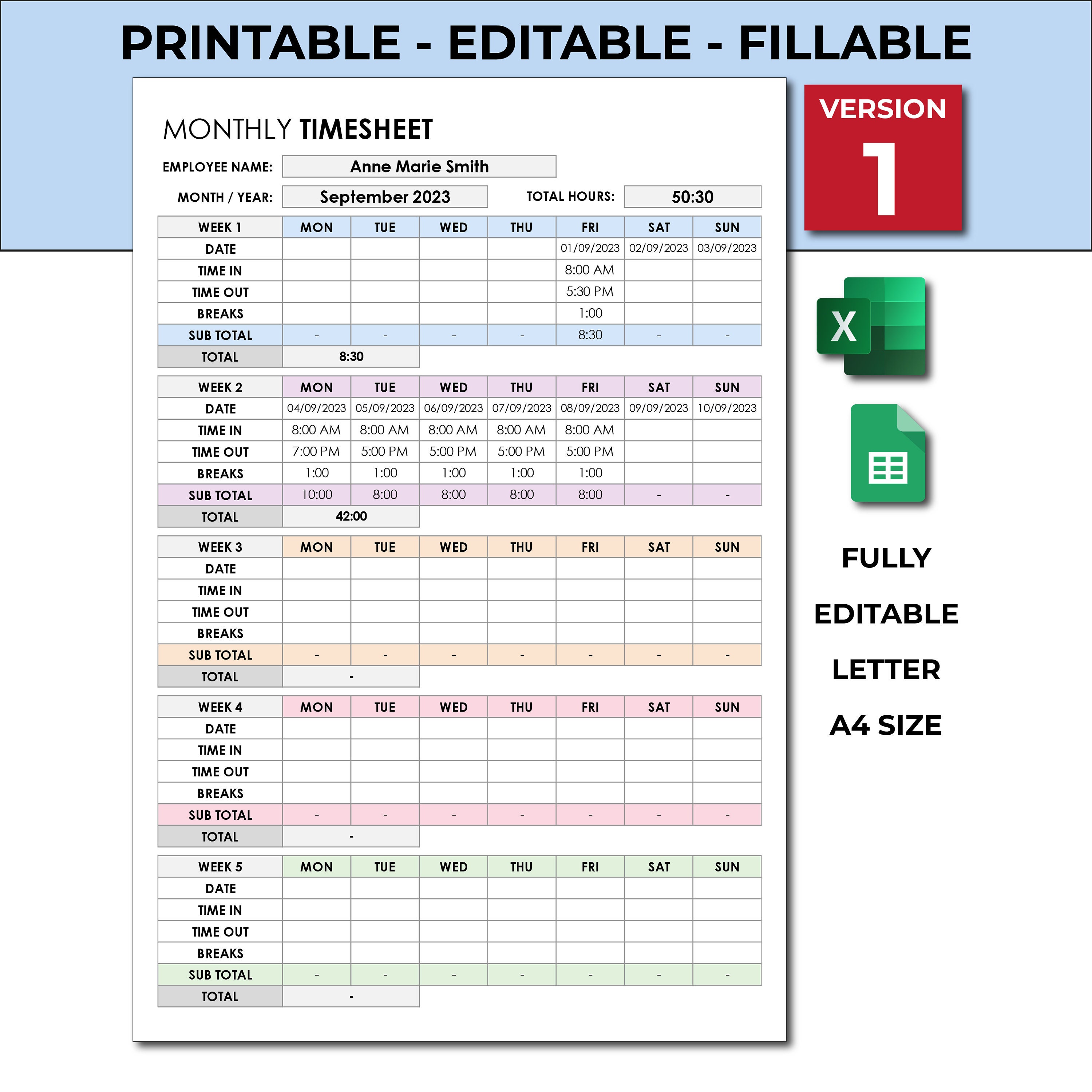 Printable Employee Time Sheet. Weekly Time Tracker Spreadsheet Template ...