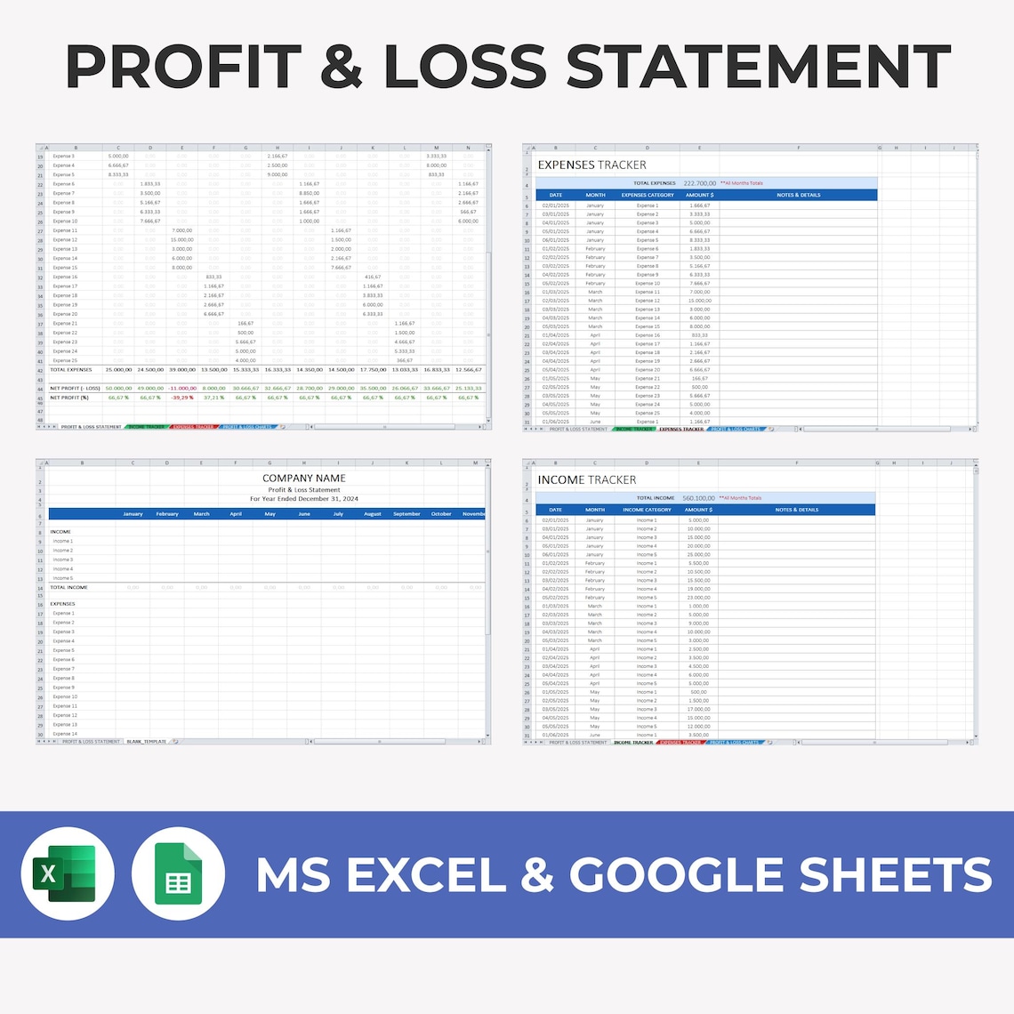 Monthly Profit & Loss Statement Template - Excel Google Sheets Template