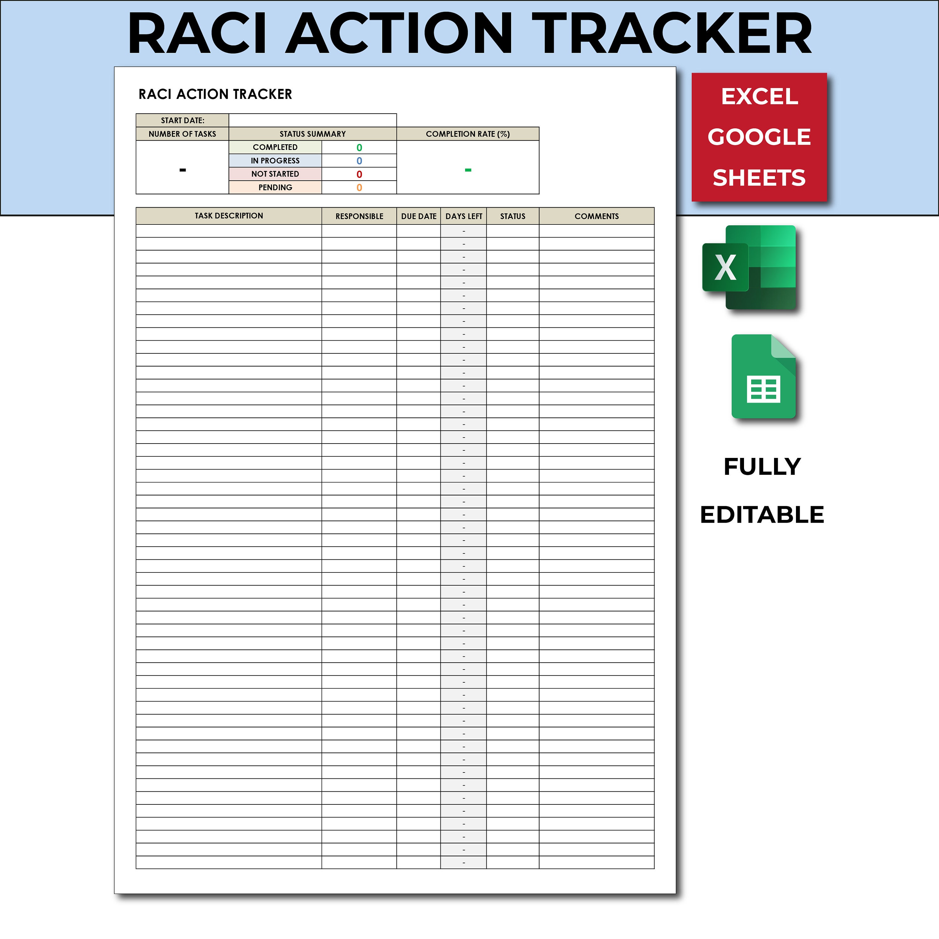 RACI Action Tracker Spreadsheet Template. Project Workflow Spreadsheet ...