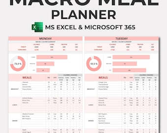 Macro Meal Planner | Calorie Tracker | Macro Meal Prep | Weekly Meal Planner Spreadsheet | Calorie Counter | Macro Tracker | Excel Template