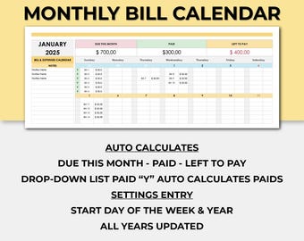 Billing & Payment Organizer. Household Bill Calendar. Monthly Bills Expense Tracker. Payment Reminders Spreadsheet. Utilities Bills Calendar