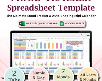 May include: A laptop screen displays a mood tracker spreadsheet template. The title reads "MOOD TRACKER Spreadsheet Template." The template includes a mini calendar and is compatible with MS Excel and Google Sheets. Features include 2 tabs, 7 moods, and all years and months.