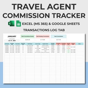 Spreadsheetsjabloon voor tracking van reisbureaucommissie | Excel 365 en Google Spreadsheets | Provisie-inkomstentracker | Reisboekingscommissie