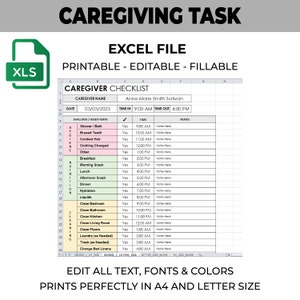 May include: A printable caregiver checklist spreadsheet in Excel format. The spreadsheet includes a section for caregiver name, date, time in, time out, and a list of tasks to evaluate or assist with, including hygiene, nutrition, and cleaning. The spreadsheet is designed to be used for a caregiver to track their tasks and ensure that they are providing the best possible care for their client.