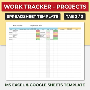 May include: A spreadsheet template for tracking work projects. The template is divided into columns for date, title, description, actions, outcomes, priority, files, days, end date, status, contribution, stakeholders, and notes. The template is titled "Work Tracker - Projects" and "Spreadsheet Template". The template is for September 2024.