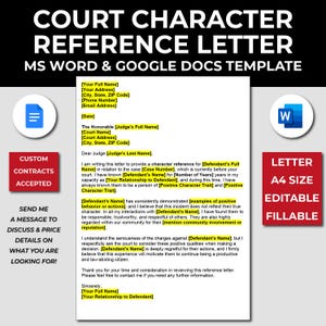 Plantilla de carta de referencia judicial: documento profesional y editable. Referencia personalizada para el tribunal. Plantilla de Google Docs de Ms Word.