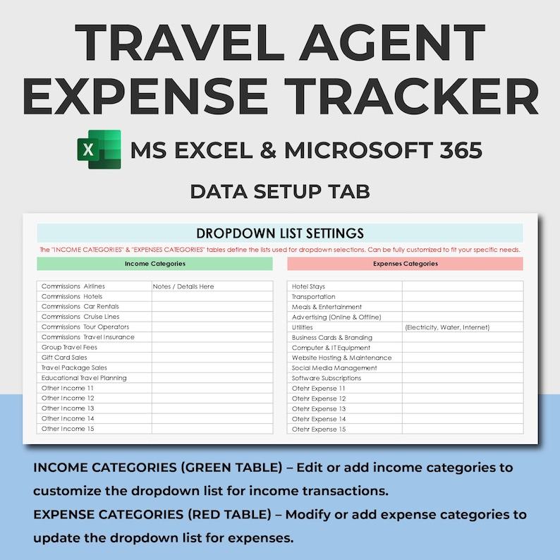 Travel Agent Expense Tracker | Excel 365 Spredsheet Template | Travel ...
