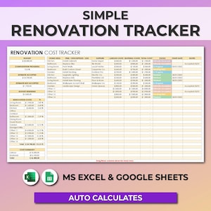 Suivi des rénovations simples | Modèle de feuille de calcul budgétaire Google Sheets et Excel | Suivi des rénovations | Maison Coûts de la maison Calendrier des rénovations
