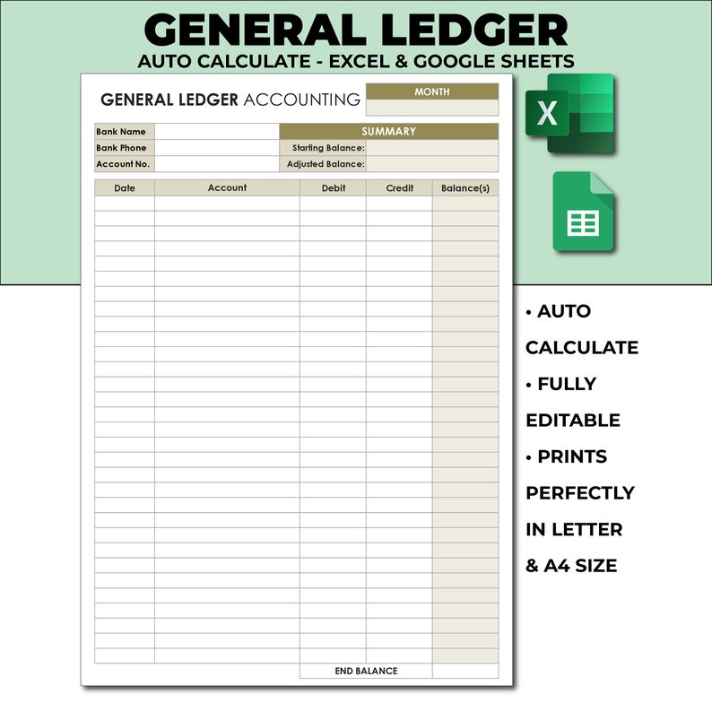 General Ledger Accounting Printable, General Ledger SpreadSheet, Money Tracker,Bookkeeping Template, Editalbe EXCEL / Google Sheets Template