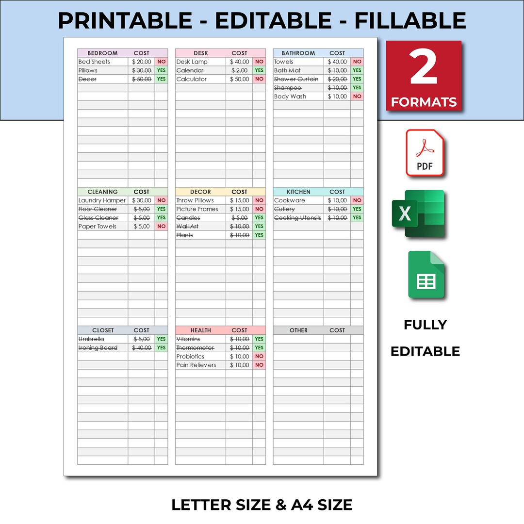 College Dorm Essentials Shopping List Template. Apartment Shopping ...