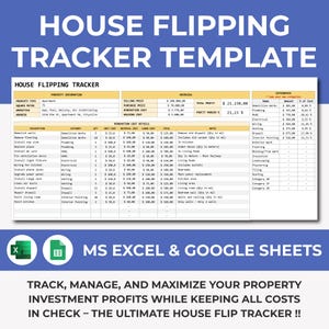 House Flip Tracker, House Flip Spreadsheet Template, Property Flipping, Property Management, Renovation Cost, House Flip Budget, Excel
