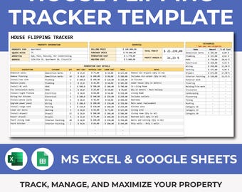 House Flip Tracker, House Flip Spreadsheet Template, Property Flipping, Property Management, Renovation Cost, House Flip Budget, Excel