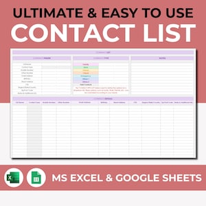 Contact List, Google Sheets & Excel, Address Book, Address Sheet, Contact Organizer, Emergency List, Contact Client Information Digital Log