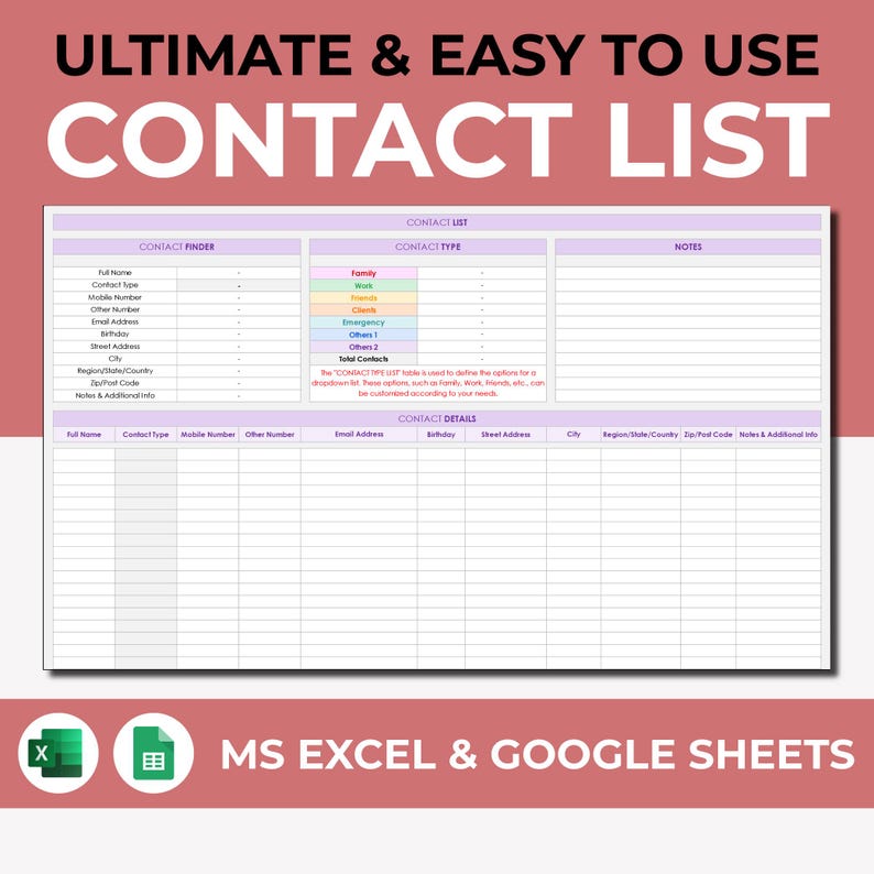 Contact List, Google Sheets & Excel, Address Book, Address Sheet, Contact Organizer, Emergency List, Contact Client Information Digital Log