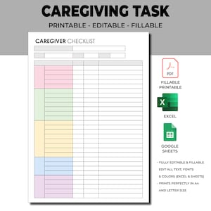 May include: A printable caregiver checklist with a colorful grid and sections for tasks, notes, and dates. The checklist is fully editable and printable in PDF, Excel, and Google Sheets formats. It is designed to print perfectly in A4 and letter size.