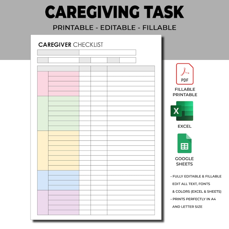 May include: A printable caregiver checklist with a colorful grid and sections for tasks, notes, and dates. The checklist is fully editable and printable in PDF, Excel, and Google Sheets formats. It is designed to print perfectly in A4 and letter size.