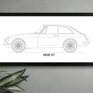 Peut inclure: Dessin au trait d'une voiture MGB GT blanche sur fond blanc. La voiture est tournée vers la droite de l'image. Le texte "MGB GT" est sous la voiture.