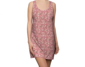 Women's Racerback Dress, Beach Coverup, Sleepwear, Dress (Mauve Pink) Floral Garden Print