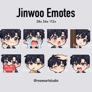Puede incluir: Una colección digital de ocho emoticonos Jinwoo que muestran a un personaje de pelo negro y ojos morados con diversas expresiones. El texto dice Jinwoo Emotes, 28x 56x 112x y @roseeartstudio. El personaje aparece saludando, llorando, sorprendido, asomándose, sosteniendo un corazón rojo, bebiendo de un zumo, recibiendo una caricia en la cabeza y enfadado.