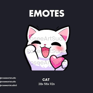Op de afbeelding: Witte cartoonkat met roze wangen en een roze hart in zijn pootjes. De kat glimlacht en heeft zijn poot opgeheven in een zwaai. De tekst "EMOTES" staat boven de kat en "CAT 28x 56x 112x" staat onder de kat.