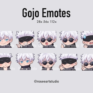 Pode incluir: Uma coleção digital de dez emotes estilo chibi intitulada Gojo Emotes 28x 56x 112x. Cada emote mostra um personagem com cabelo branco espetado e várias expressões, alguns usando vendas pretas ou óculos de sol redondos, por @roseeartstudio.