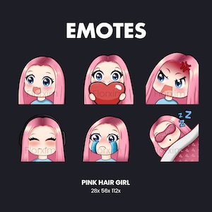 Pode incluir: Conjunto de seis emoticons de meninas com cabelo rosa com diferentes expressões, incluindo feliz, apaixonada, com raiva, dormindo, chorando e ouvindo música. Os emoticons têm um tamanho de 28x56 e 112 pixels.