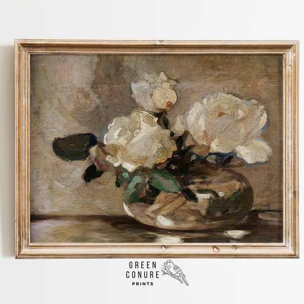 White Roses in a Glass Vase Painting // Digital Download // Muted Toned Vintage Rustic Art // Print at Home // Instant Downloadable V082