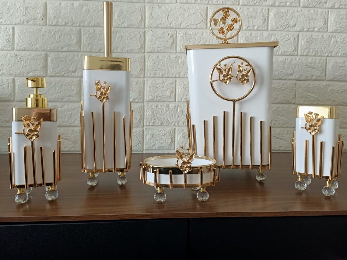Premium Bathroom Accessories 5 Pcs-prismatic Gold White - Etsy