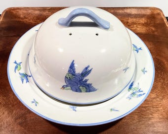 Antique Hand Painted Bluebird Porcelain Covered Butter Dish Williamsons England