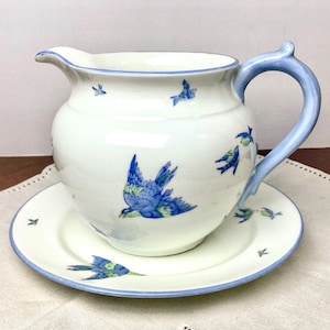 Vintage Williamsons Blue Porcelain Bluebirds Decorative Pitcher and Plate Hand Painted