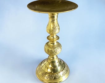 Solid Brass Pillar Candle Holder with Etched Floral Design 6 1/2” tall