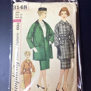1950s Simplicity 3148 Kimono Sleeve Coat Skirt Suit Pattern, Size 12 (Bust 32")