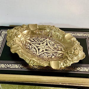 Antique Art Nouveau Embossed Cherubs Bronze Gilded Ashtray Trinket Dish