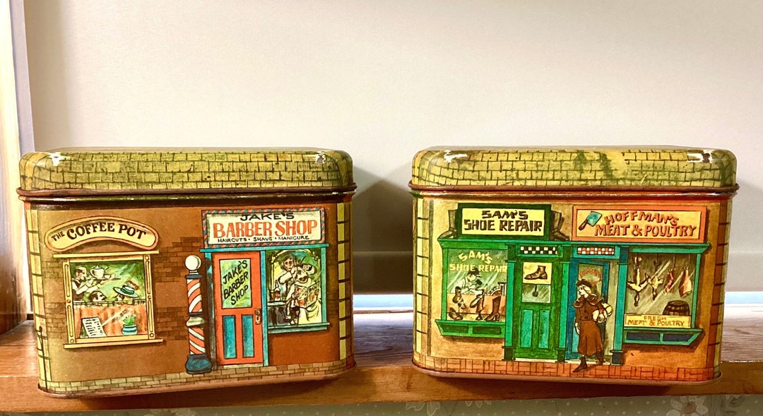 Cheinco Tin Canister Set of 2 Village Store Coffee Tea Storage 1970s - Etsy
