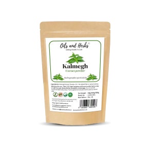 May include: A brown paper pouch with a white label that says "Oils and Herbs Adding Health To Life" and "Kalmegh Extract Powder Andrographis paniculata". The label also includes the ingredients, directions for use, net weight, batch number, and best before date.