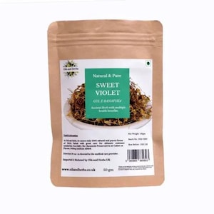 May include: A brown paper pouch with a white label that reads "Natural & Pure Sweet Violet Gul E Banafsha Ancient Herb with multiple health benefits". The pouch contains dried herbs and has a net weight of 50 grams.